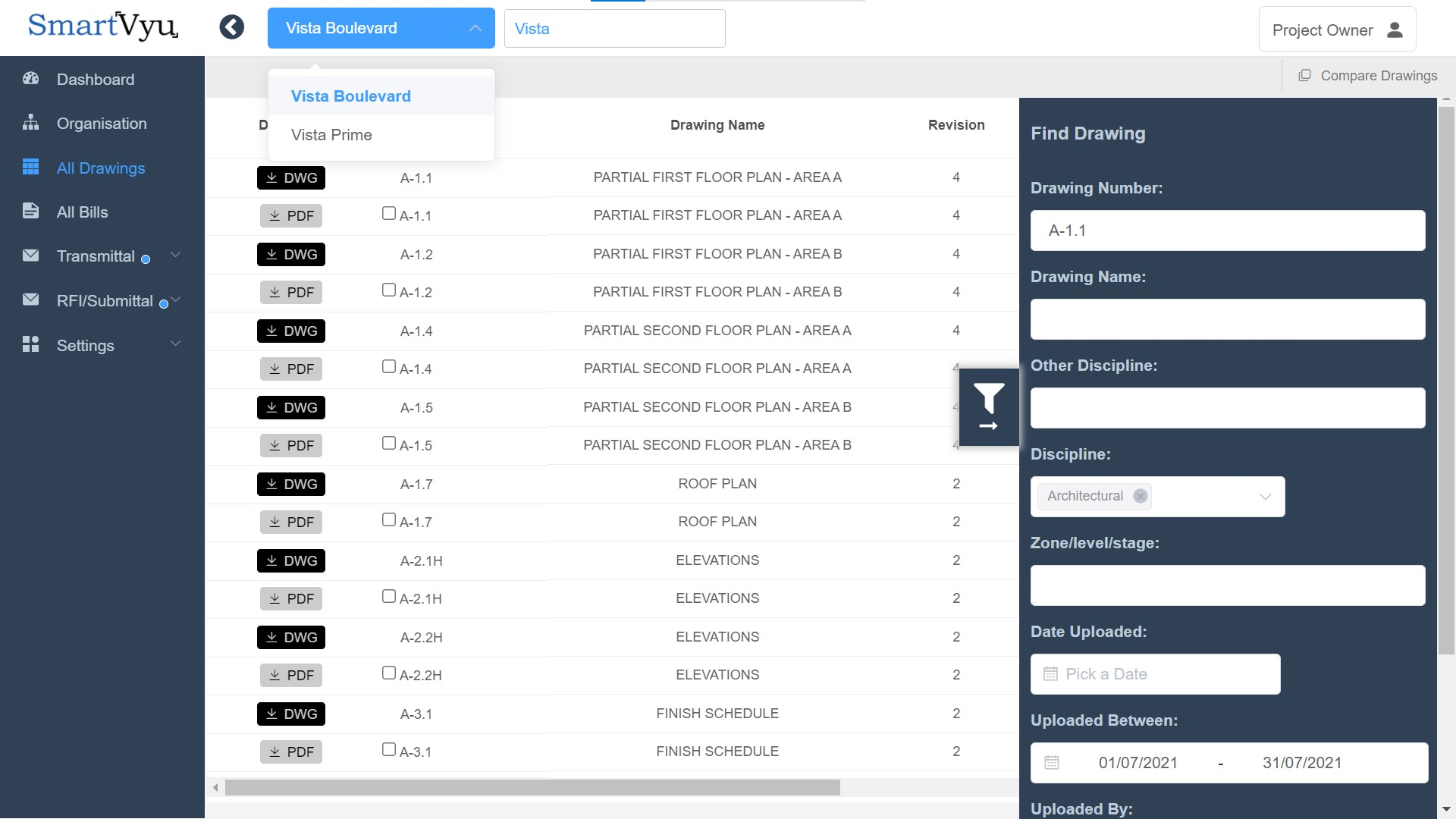 Multiple Projects & Document Filter Options